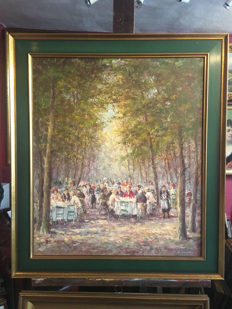 H Hartung Signed Impressionist Park Cafe Scene Figures Oil Painting - Image 2