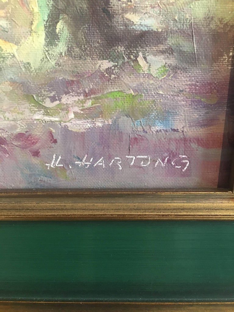 H Hartung Signed Impressionist Park Cafe Scene Figures Oil Painting - Image 3
