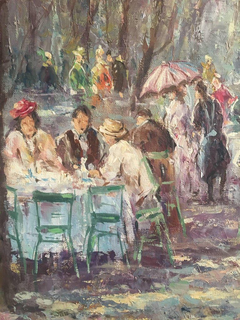 H Hartung Signed Impressionist Park Cafe Scene Figures Oil Painting - Image 5