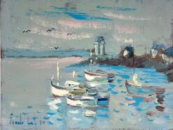 Calm Evening Boats and Lighthouses in Gentle Dappled Waters Oil Painting