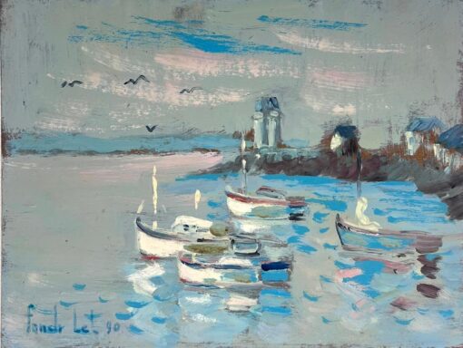 Calm Evening Boats and Lighthouses in Gentle Dappled Waters Oil Painting