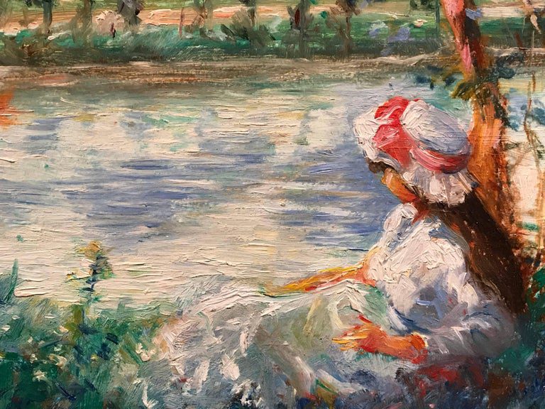 Jeanette Leuers French Impressionist Girl River Sailboat Oil Painting - Image 2