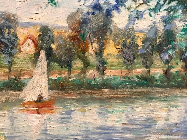 Jeanette Leuers French Impressionist Girl River Sailboat Oil Painting - Image 3
