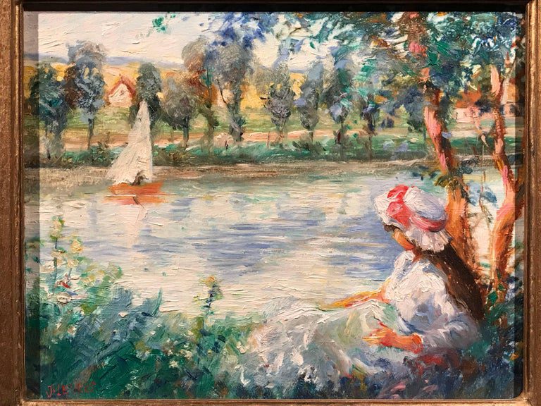 Jeanette Leuers French Impressionist Girl River Sailboat Oil Painting - Image 5