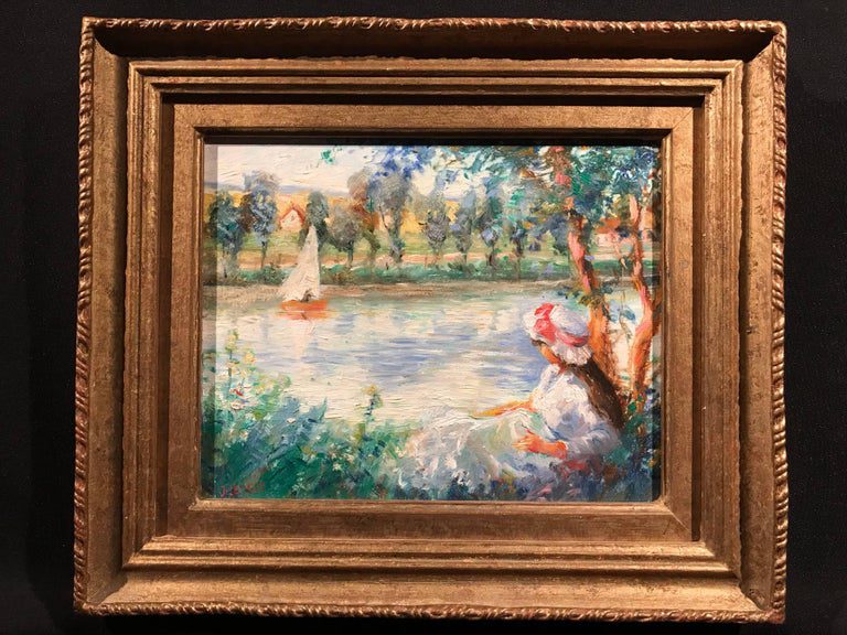 Jeanette Leuers French Impressionist Girl River Sailboat Oil Painting - Image 6