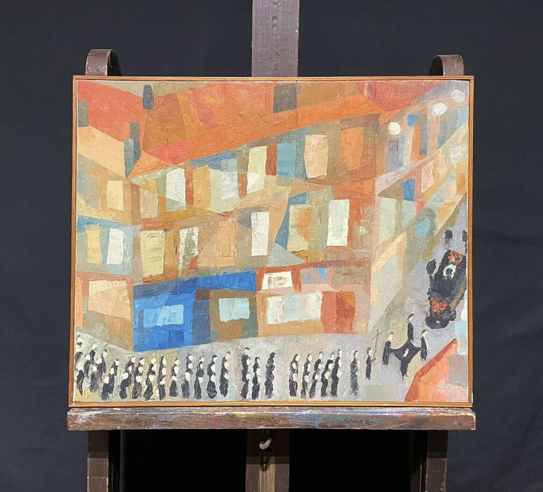 1950s French Cubist Abstract Town Procession Figures Oil Painting - Image 2