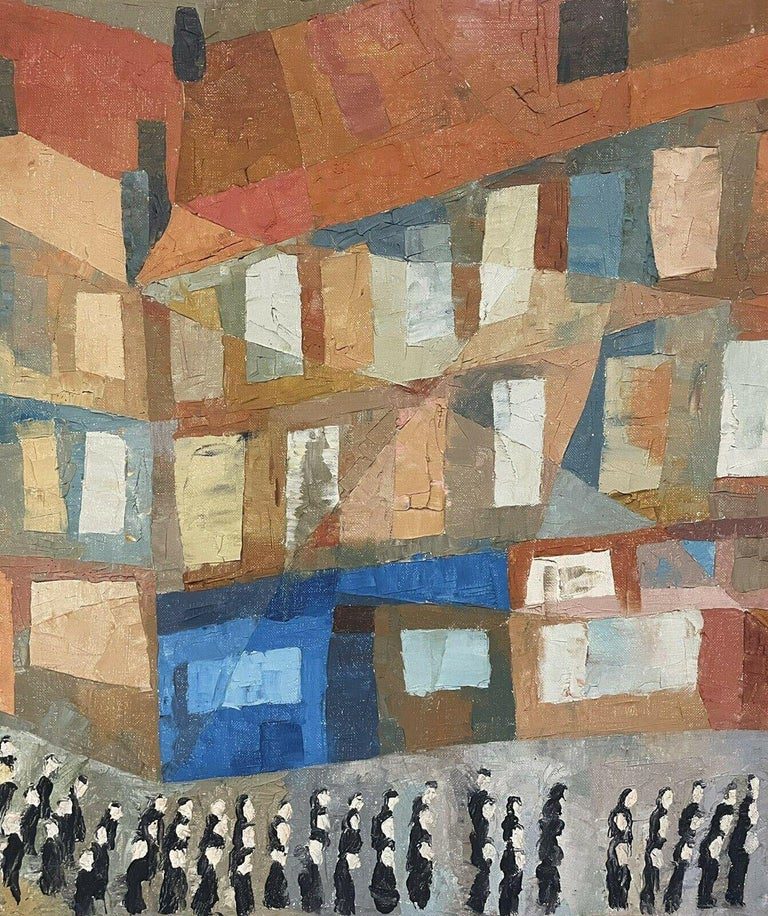 1950s French Cubist Abstract Town Procession Figures Oil Painting - Image 4
