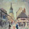 Figures in Dinan Brittany Townscape with Towering Spire and Rustic Charm
