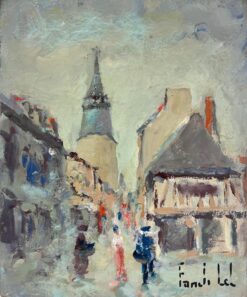 Figures in Dinan Brittany Townscape with Towering Spire and Rustic Charm