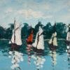 Sailboats on Calm Waters with Lush Forest Backdrop Under a Bright Sky