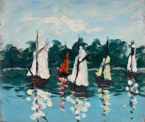 Sailboats on Calm Waters with Lush Forest Backdrop Under a Bright Sky