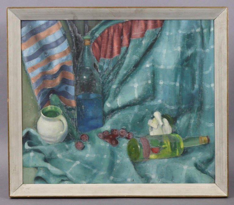 English Still Life Interior Teal Fabric Bottles Objects Oil Painting Framed - Image 2
