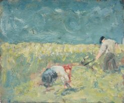 Farmers Working in Sunlit Landscape Beneath a Deep Blue Sky French Oil Painting