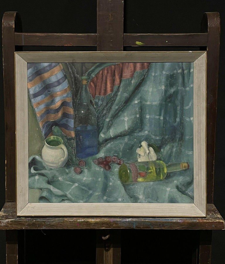 English Still Life Interior Teal Fabric Bottles Objects Oil Painting Framed - Image 3