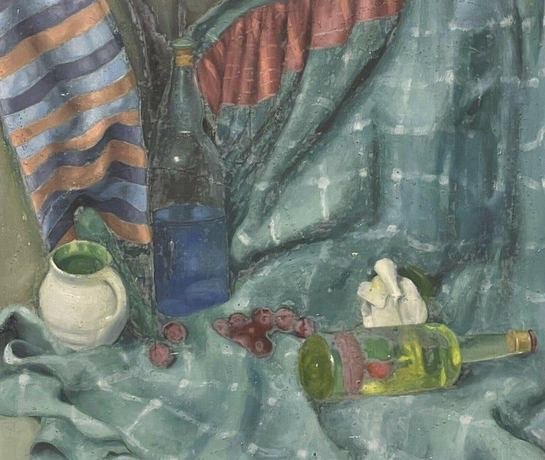 English Still Life Interior Teal Fabric Bottles Objects Oil Painting Framed - Image 4
