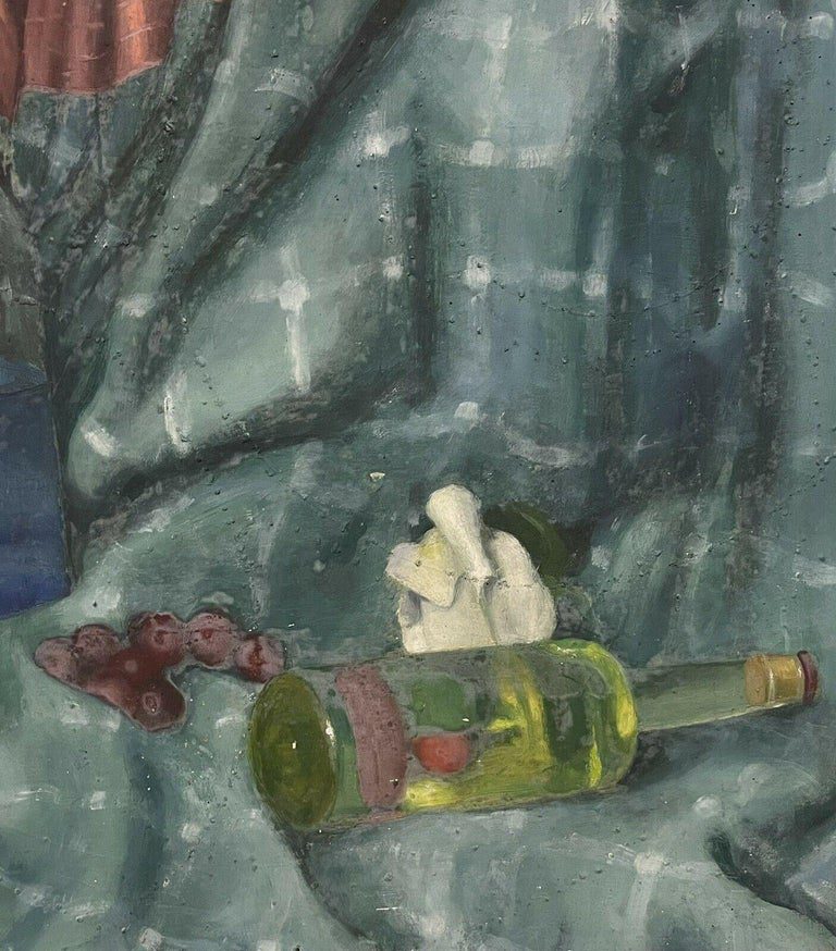 English Still Life Interior Teal Fabric Bottles Objects Oil Painting Framed - Image 5