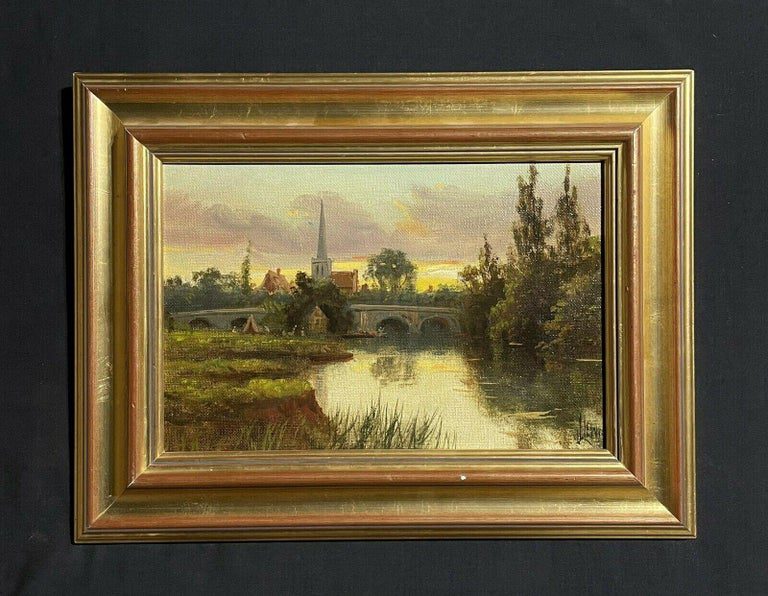 James Lewis Antique English River Thames Sunset Church Landscape Oil Painting - Image 2