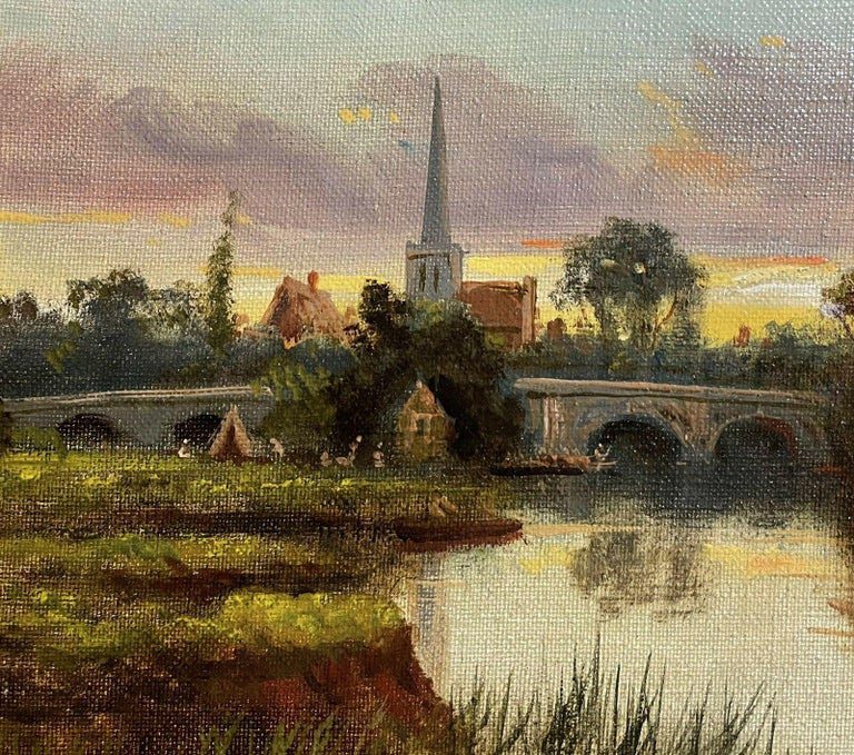 James Lewis Antique English River Thames Sunset Church Landscape Oil Painting - Image 3