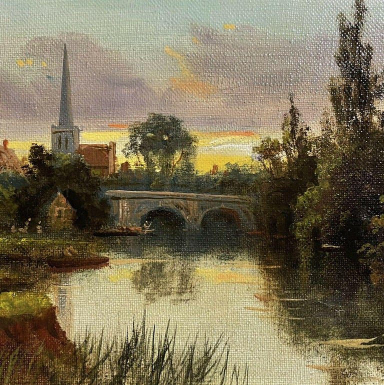 James Lewis Antique English River Thames Sunset Church Landscape Oil Painting - Image 4