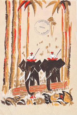 Mid Century French Painting of Elephant Riders in a Tropical Setting
