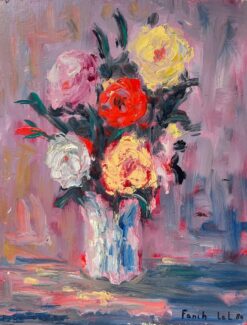 Colourful Rose Bouquet in White Vase Original French Still Life Oil Painting