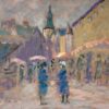 Figures with Umbrellas Walking Through The Rainy Market Town French Oil