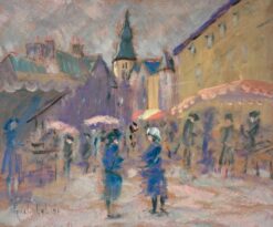 Figures with Umbrellas Walking Through The Rainy Market Town French Oil