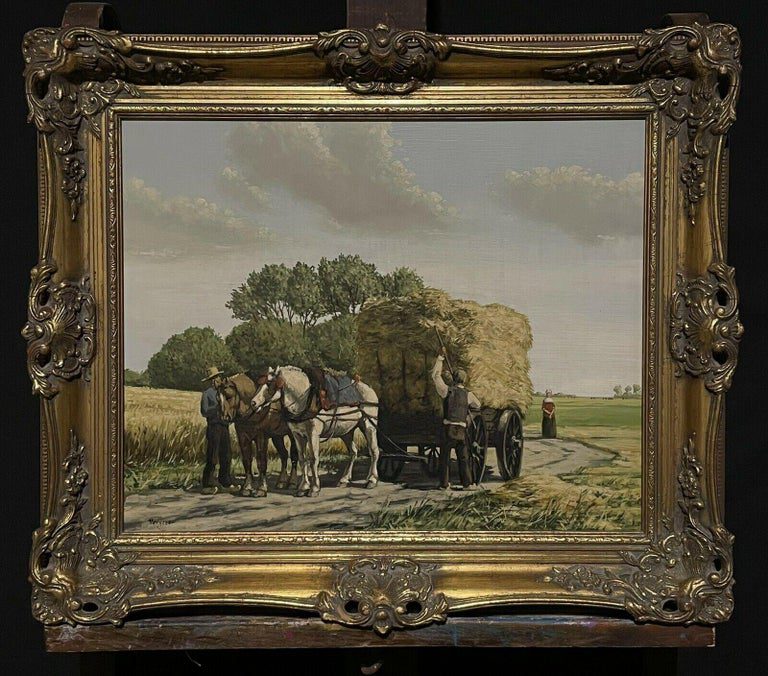 Dutch Rural Harvest Scene Oil Painting Horse Drawn Hay Cart Signed - Image 2