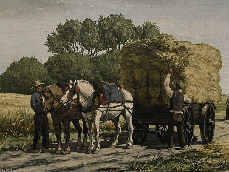 Dutch Rural Harvest Scene Oil Painting Horse Drawn Hay Cart Signed - Image 3