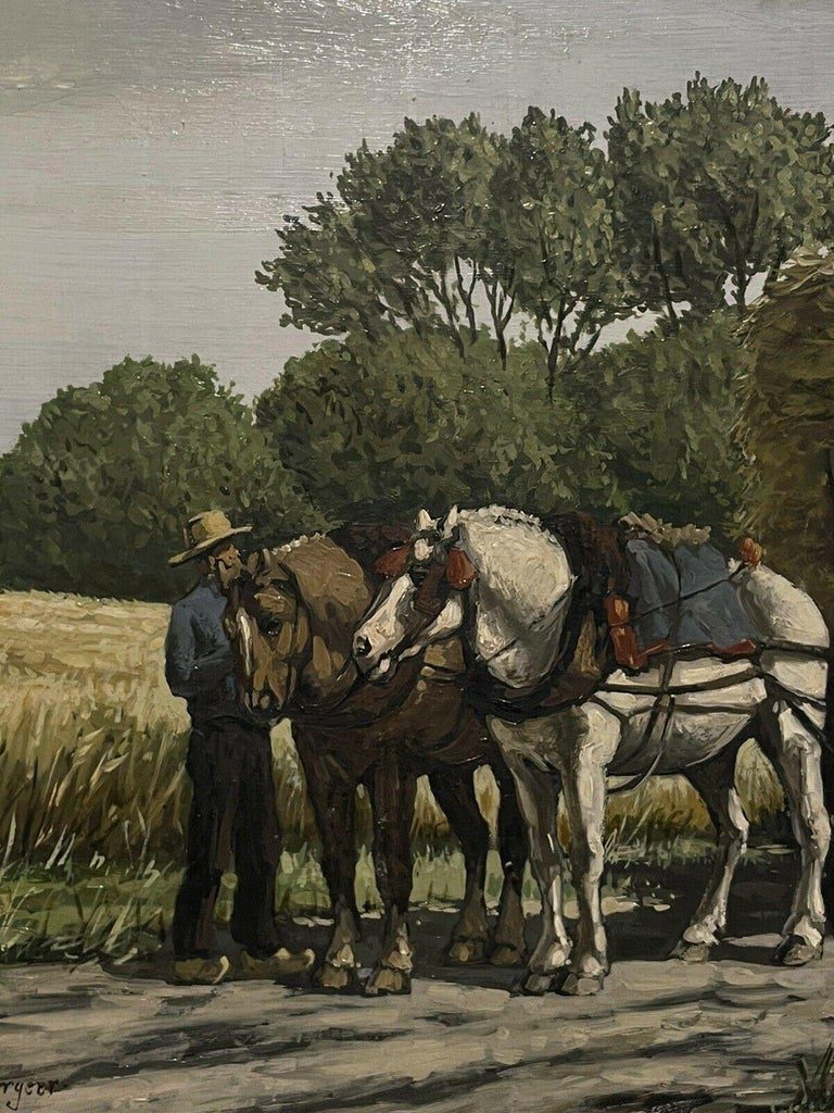 Dutch Rural Harvest Scene Oil Painting Horse Drawn Hay Cart Signed - Image 4