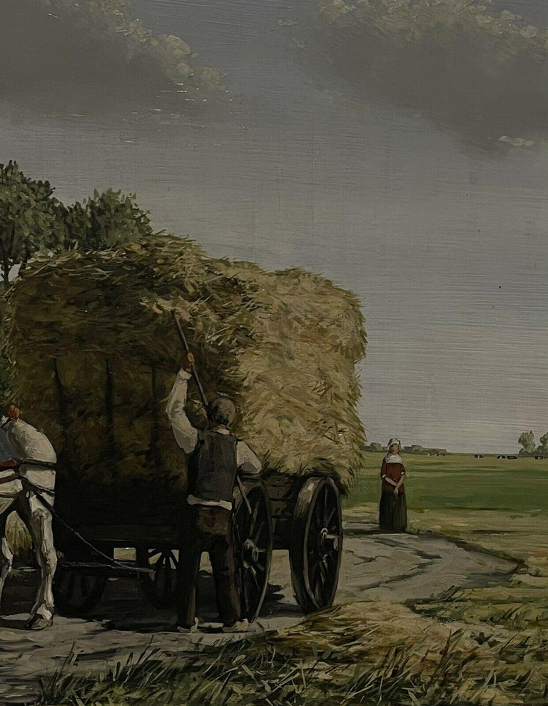 Dutch Rural Harvest Scene Oil Painting Horse Drawn Hay Cart Signed - Image 5
