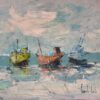 Trio of Colorful Fishing Boats Floating on Tranquil Waters Under Clouded Sky