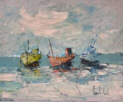 Trio of Colorful Fishing Boats Floating on Tranquil Waters Under Clouded Sky