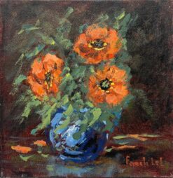 Bold Still-Life with Bright Orange Anemones Bouquet in a Blue Vase