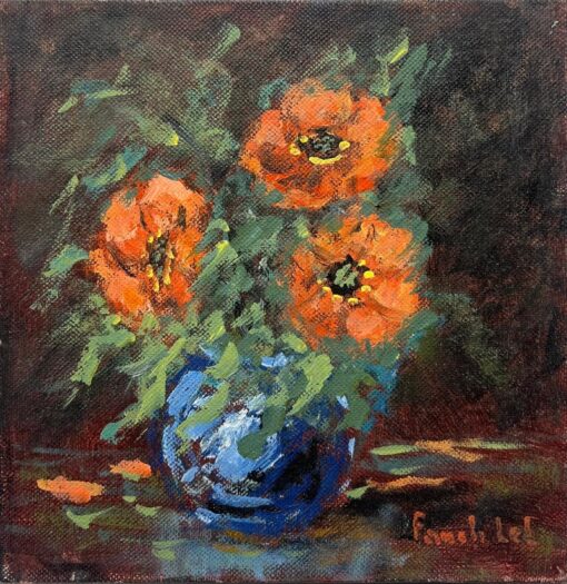 Bold Still-Life with Bright Orange Anemones Bouquet in a Blue Vase