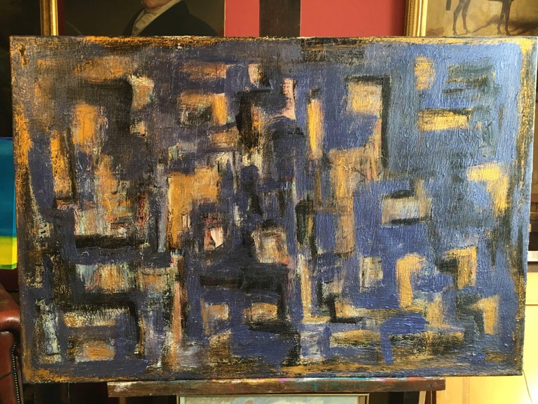 Large French Abstract Expressionist Blue Gold Cityscape Oil Painting c2000 - Image 2