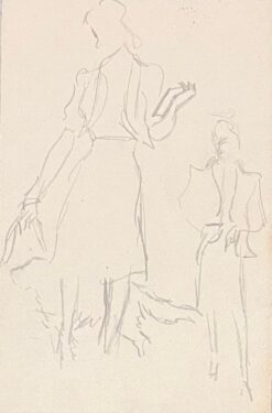 Mid Century French Minimalist Illustration of a Two Women Walking a Dog