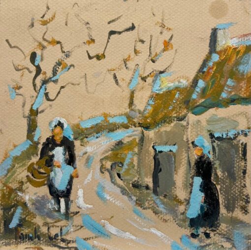 Summer Blue Charming Village Track  with Women in Traditional Breton Attire
