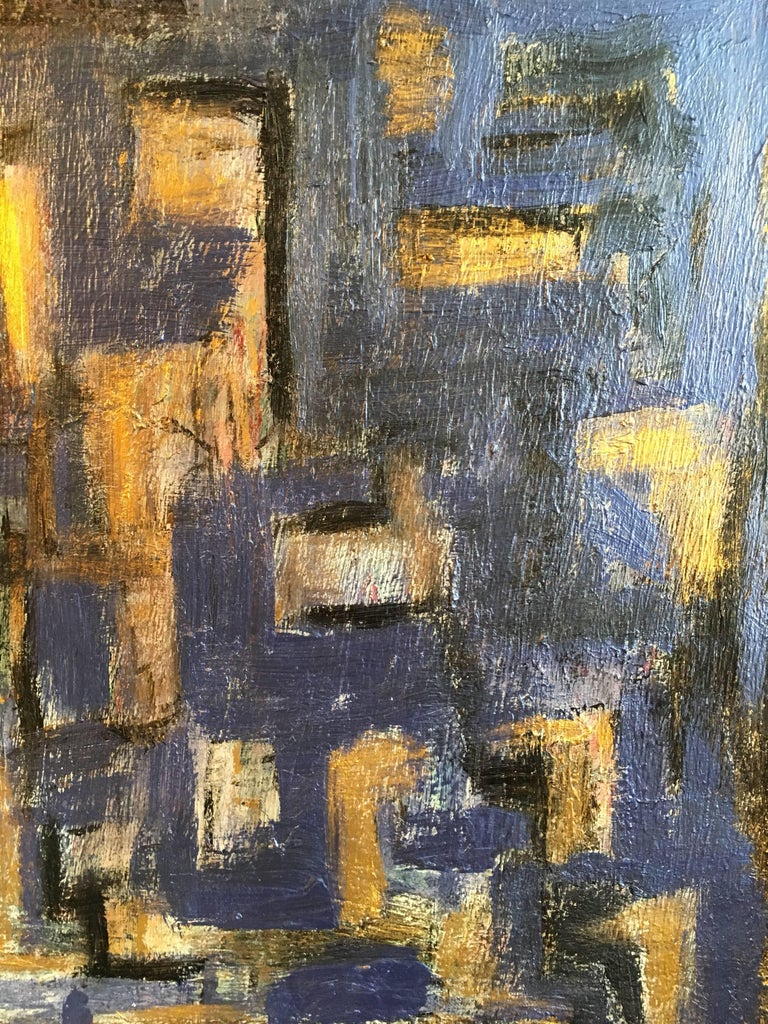 Large French Abstract Expressionist Blue Gold Cityscape Oil Painting c2000 - Image 4