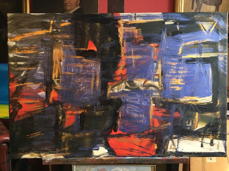 Large French Abstract Expressionist Purple Gold Red Oil Painting c2000 - Image 2