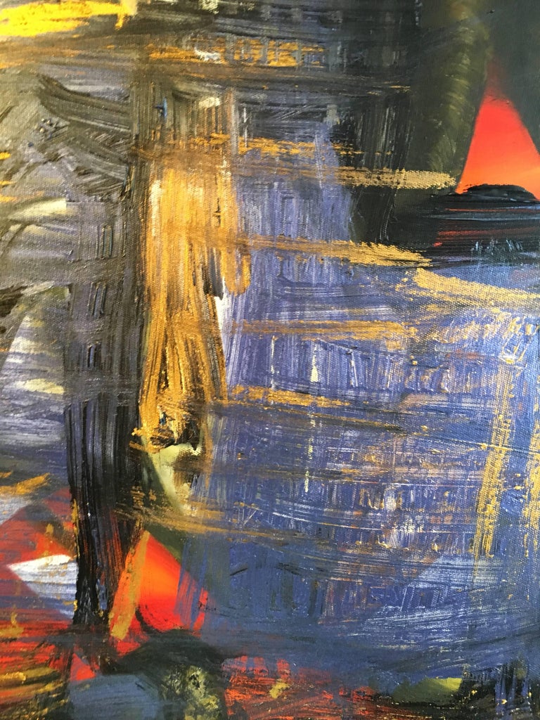Large French Abstract Expressionist Purple Gold Red Oil Painting c2000 - Image 3