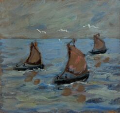 Choppy Seascape with Red Sailboats and Seagulls French Oil Painting
