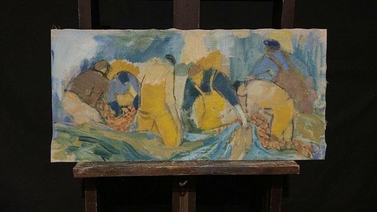 Mid Century French Modernist Oil Painting Fishermen Tending Nets Coastal Scene - Image 2