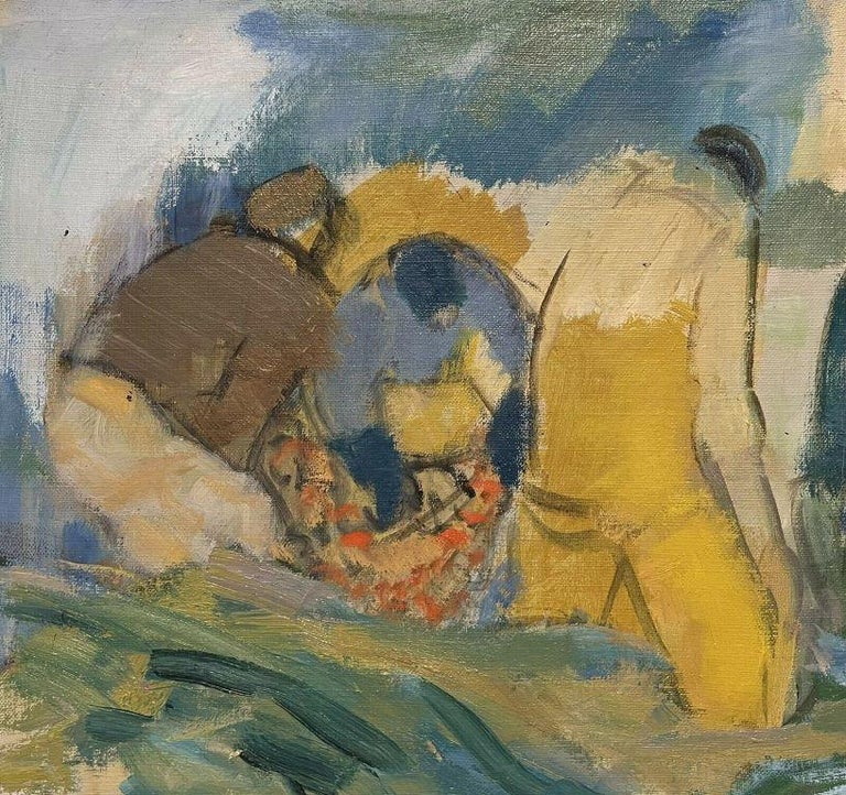 Mid Century French Modernist Oil Painting Fishermen Tending Nets Coastal Scene - Image 3