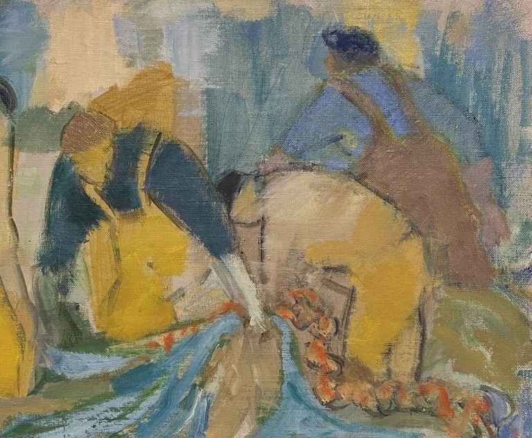 Mid Century French Modernist Oil Painting Fishermen Tending Nets Coastal Scene - Image 4