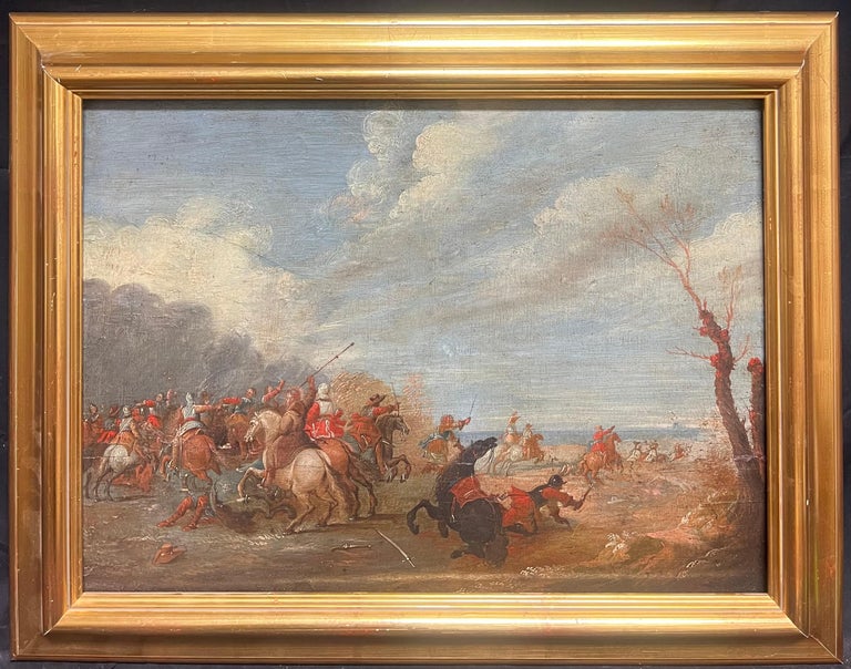 1700 - 1799 Flemish Old Master Oil on Panel Cavalry Skirmish Soldiers & Horses