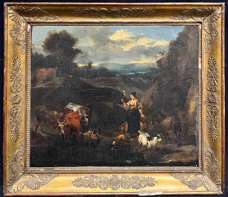 Large 1700 - 1799 Dutch Old Master Oil Painting Figures Animals Landscape