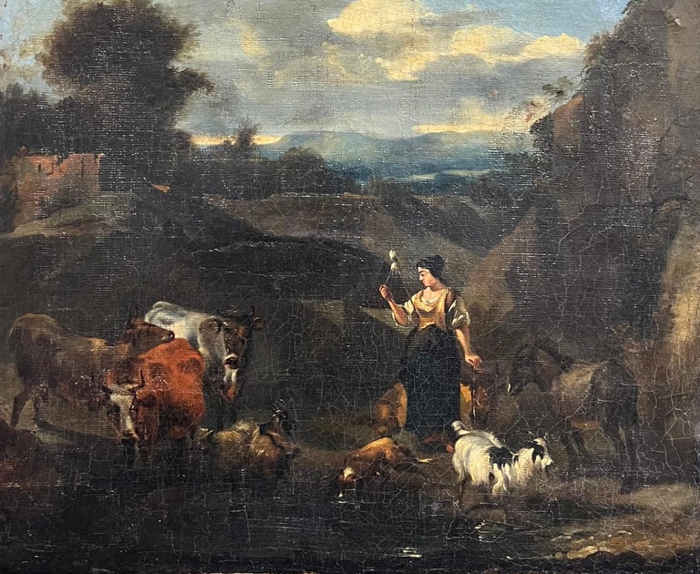 Large 1700 - 1799 Dutch Old Master Oil Painting Figures Animals Landscape - Image 2
