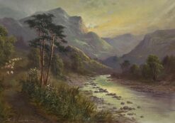 Large Antique Scottish Highland Landscape Oil Painting Sheep in River Valley