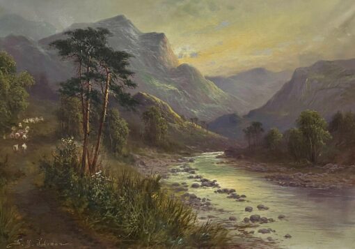 Large Antique Scottish Highland Landscape Oil Painting Sheep in River Valley